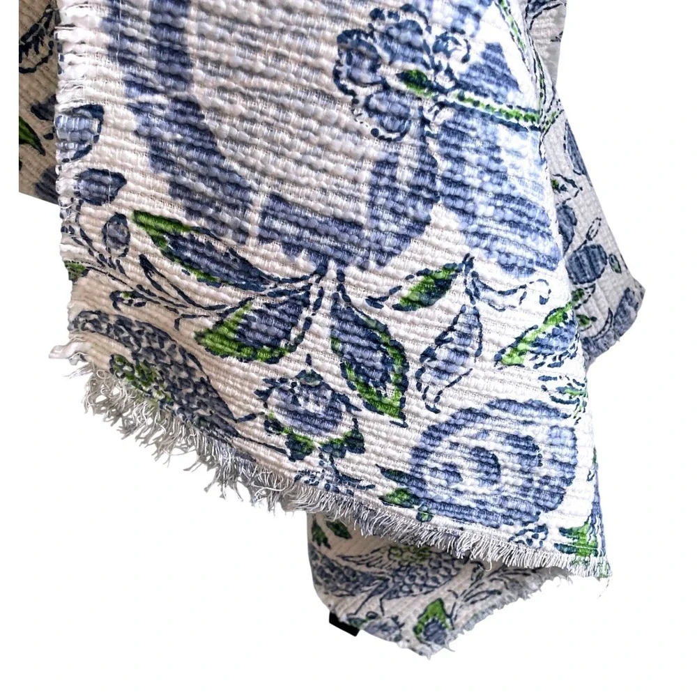 Rachel Zoe Blue Green Floral Block Print Cotton Table Runner 17x88 Frayed Edge